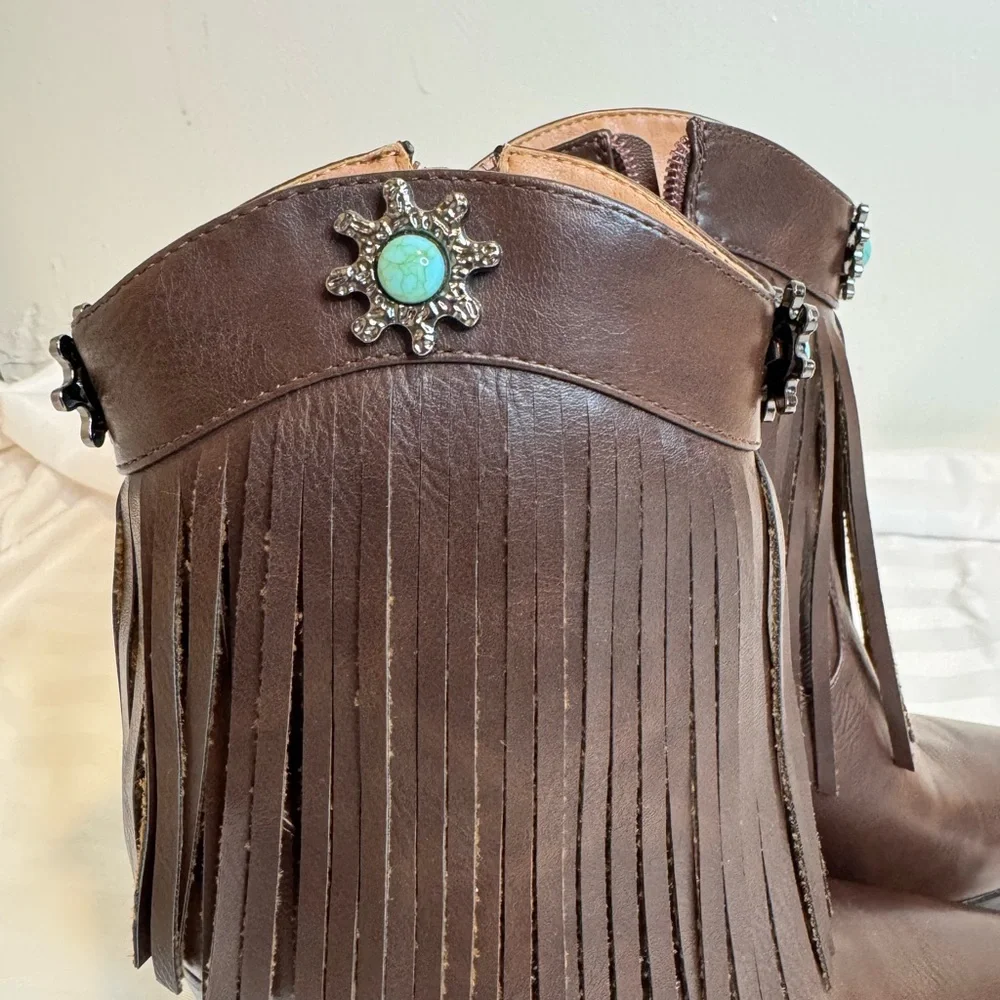 SHEIN Brown Ankle Boots with Fringe and Western Flair